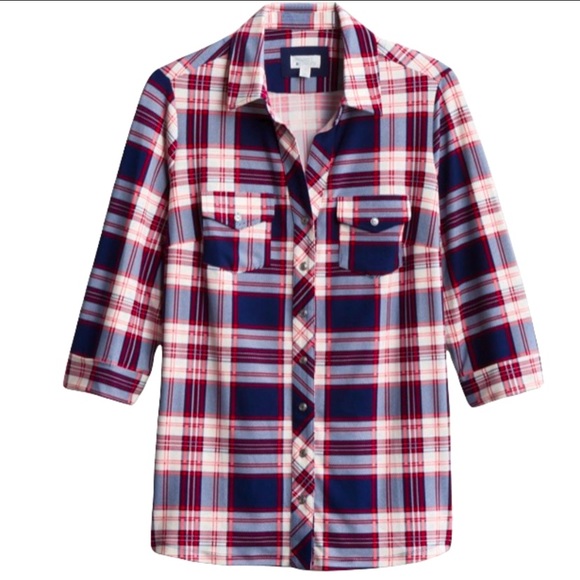 NWT Market & Spruce Balsman Button Down Plaid Knit Top - Picture 5 of 11